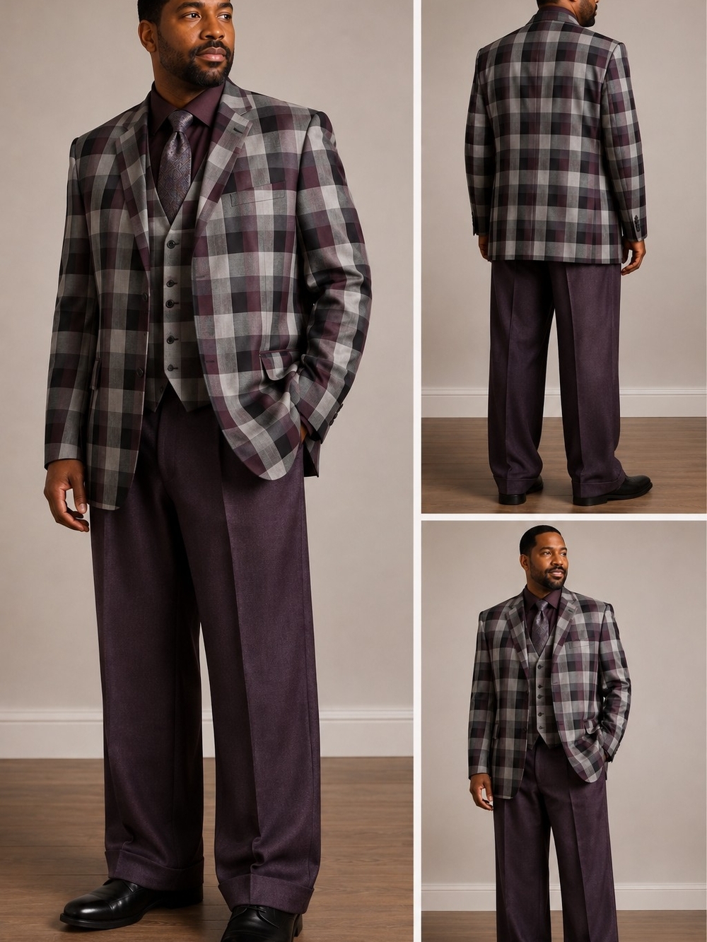 Plaid Gray and Purple Men's Three-Piece Suit